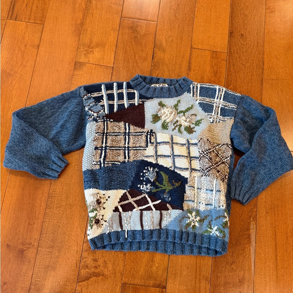 Vintage Knit Patchwork Crew Neck Sweater - Blue and Brown